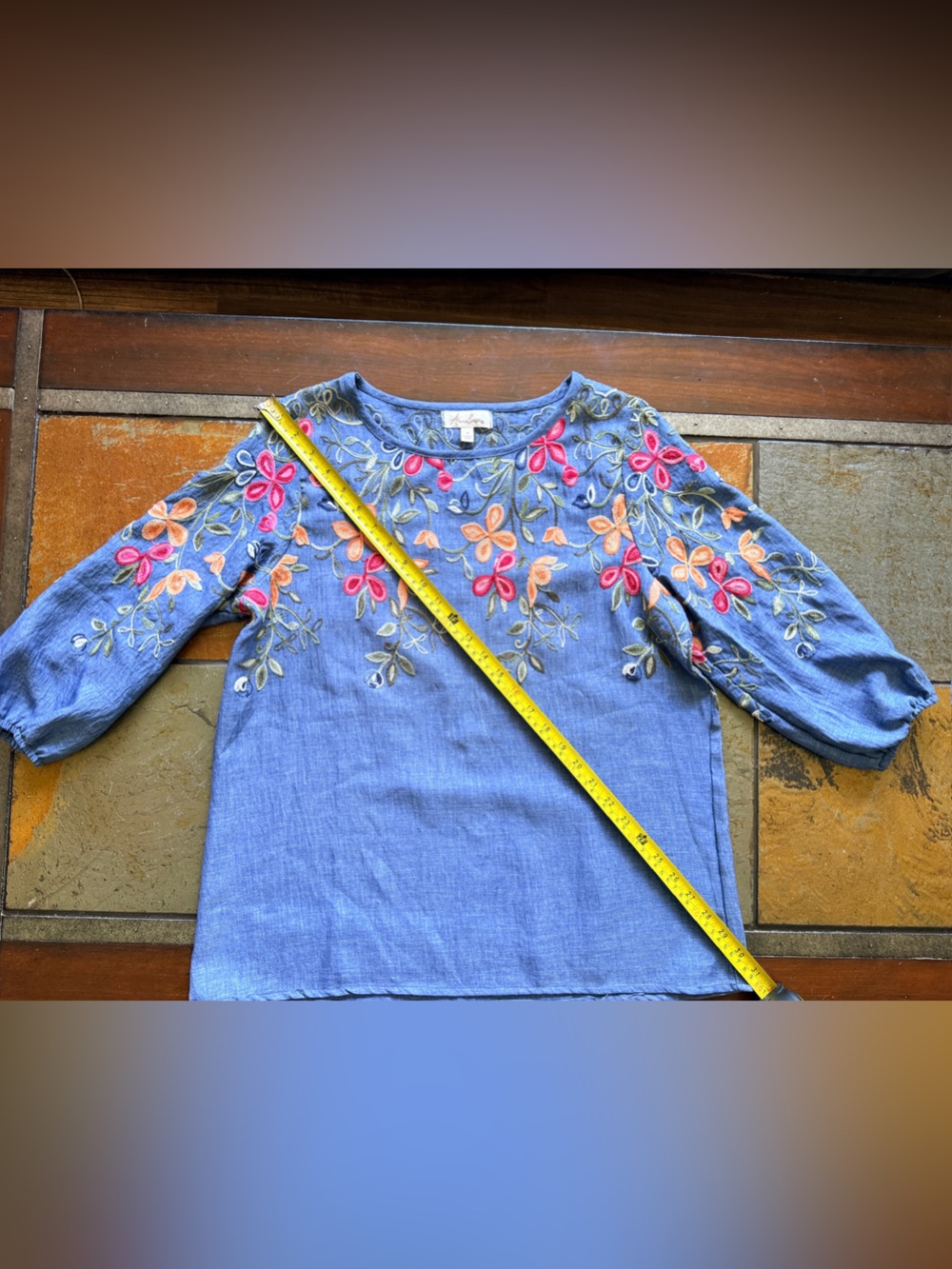 Aaneliese blue embroidered 3/4 sleeve medium flowy cottagecore top Beachy office